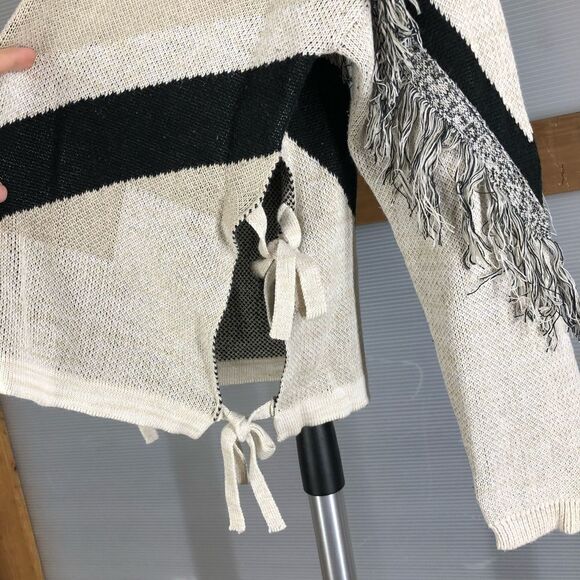 LINE THE LABEL 100% Wool Fringe Chevron Side Slit Tie V-Neck Knit Sweater Sz S - Picture 7 of 10